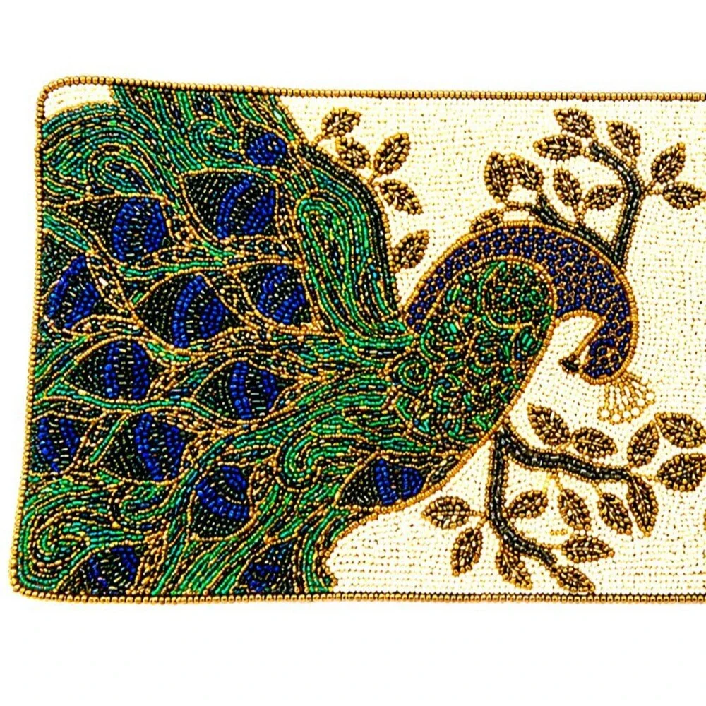 Peacock Table Runner Fully Beaded Jewel of Mumbai Peacocks Blue Green 36x13